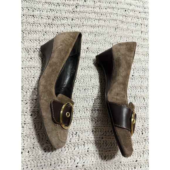 Coach Margaret Loafers Wedge Heel Suede Buckle Womens Size 6 B Brown A3585 Italy - Picture 3 of 11